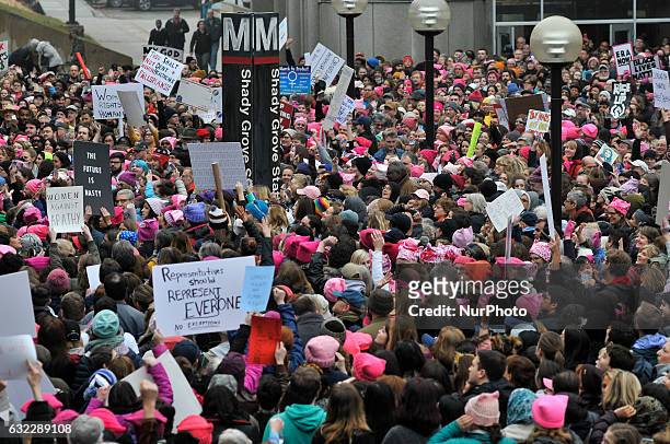At the first station of the Red Line metro, in Shady Grove, Maryland, thousands are trying to reach Washington D.C. To attend the Womens March, held...