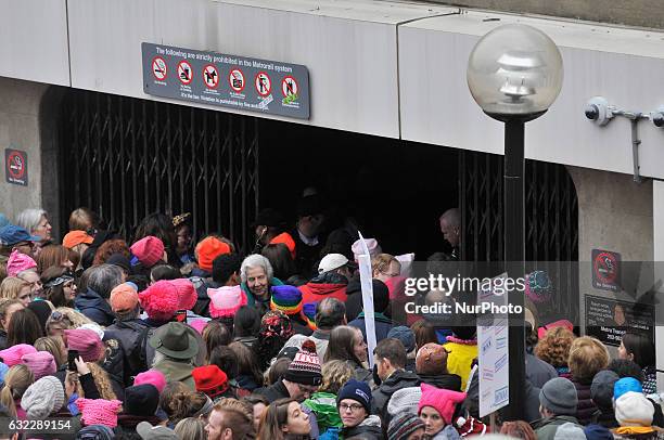 At the first station of the Red Line metro, in Shady Grove, Maryland, thousands are trying to reach Washington D.C. To attend the Womens March, held...