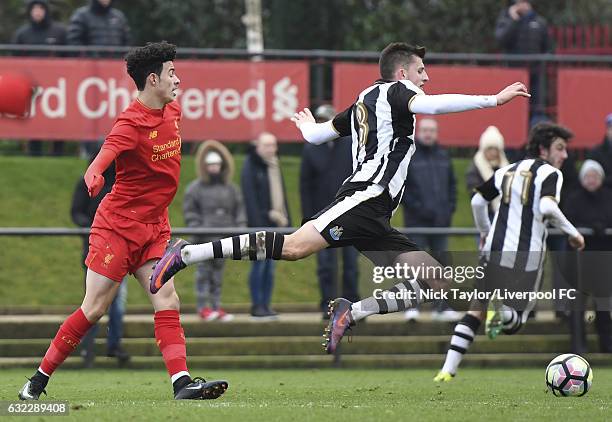 Curtis Jones of Liverpool and Kelland Watts of Newcastle United in action during the Liverpool v Newcastle United U18 Premier League game at The...