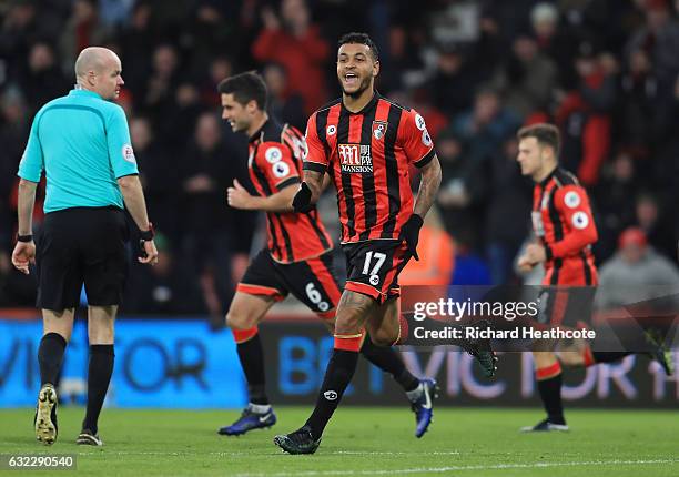 Joshua King of AFC Bournemouth celebrates scoring his sides first goal during the Premier League match between AFC Bournemouth and Watford at...