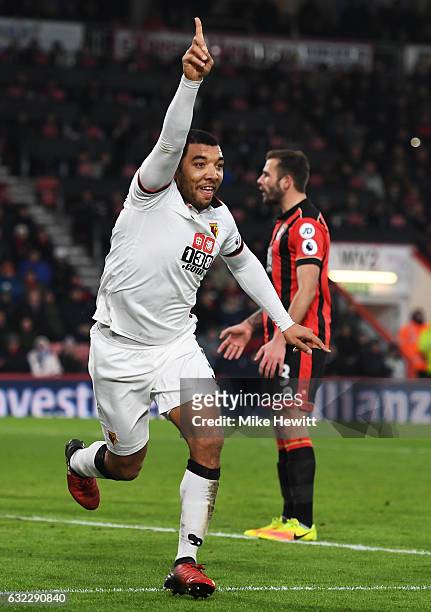 Troy Deeney of Watford celebrates scoring his sides second goal during the Premier League match between AFC Bournemouth and Watford at Vitality...