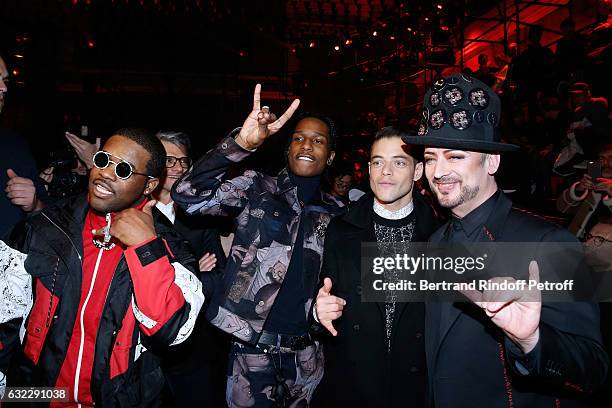 Rappers ASAP Ferg, ASAP Rocky, actor Rami Malek and singer Boy George attend the Dior Homme Menswear Fall/Winter 2017-2018 show as part of Paris...