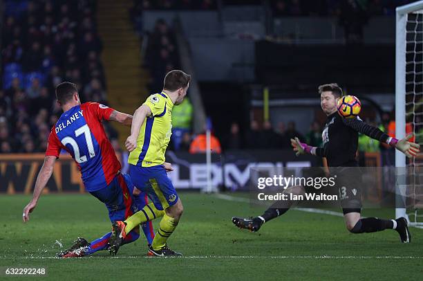 Seamus Coleman of Everton scores his sides first goal past Wayne Hennessey of Crystal Palace during the Premier League match between Crystal Palace...