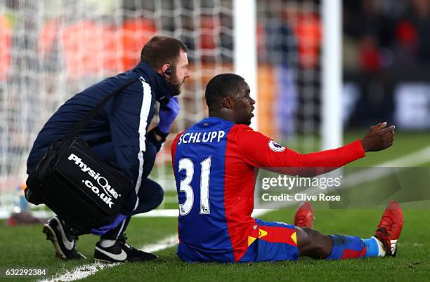 Jeffrey Schlupp of Crystal Palace reacts as the Everton dont kick the ball out after he goes down injured, Everton then go on to score during the...