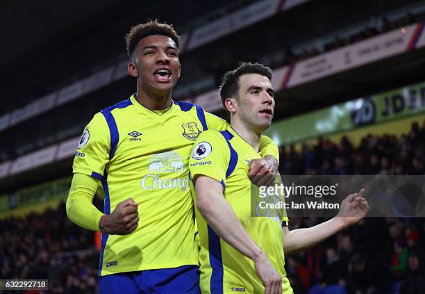 Seamus Coleman of Everton celebrates scoring his sides first goal with Mason Holgate of Everton during the Premier League match between Crystal...