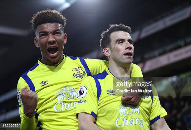 Seamus Coleman of Everton celebrates scoring his sides first goal with Mason Holgate of Everton during the Premier League match between Crystal...