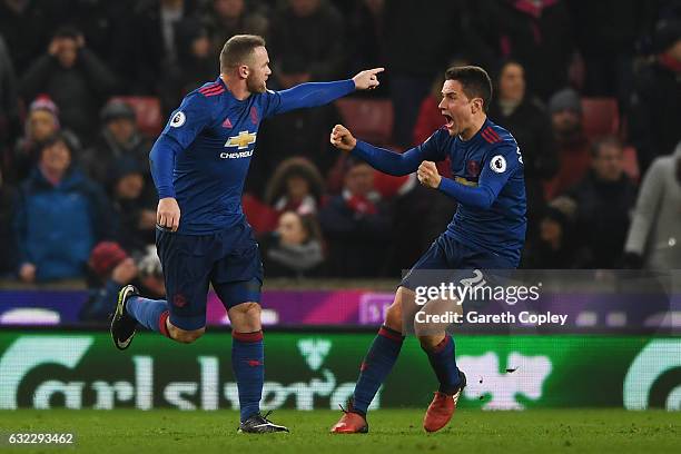 Wayne Rooney of Manchester United celebrates scoring his sides first goal with Ander Herrera of Manchester United during the Premier League match...