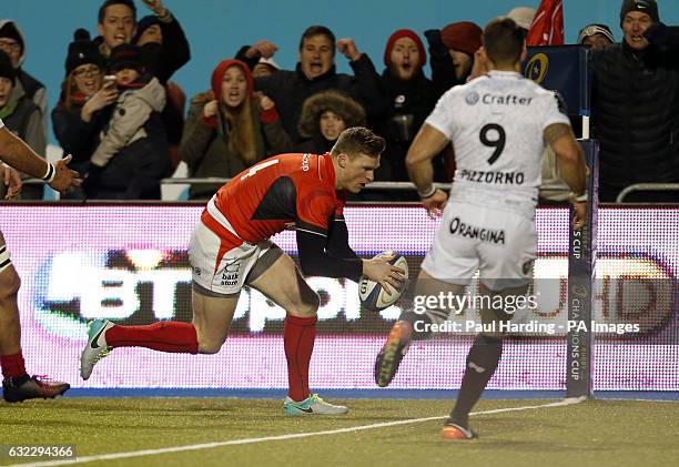 Saracens' Chris Ashton scores their first try during the Champions Cup match at Allianz Park, London.