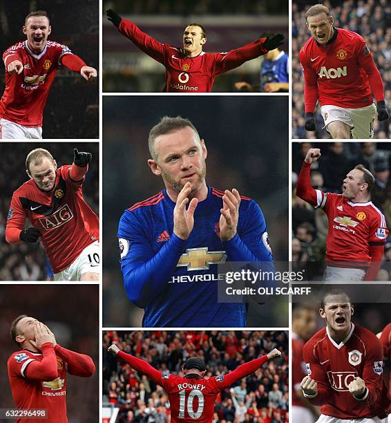 Combination of pictures created in London on January 21, 2017 shows Manchester United's English striker Wayne Rooney celebrating scoring against...