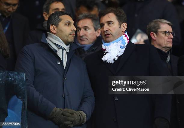 Khaldoon Al Mubarak, Manchester City chairman speaks to Ferran Soriano, Chief Executive during the Premier League match between Manchester City and...