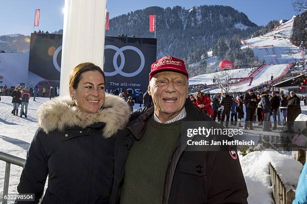 Former Formula One Champion Niki Lauda an his girlfriend Birgit Wet Zinger pose for a picture on January 21, 2017 in Kitzbuehel, Austria.