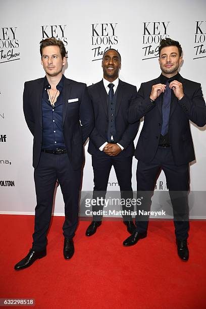 Lee Ryan, Simon Webbe and Duncan James of the band Blue attend the 'Key Looks - The Show!' presented by Fashion ID show during the Mercedes-Benz...