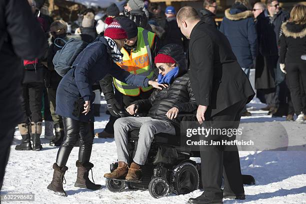 Samuel Koch and his wife Sarah Elena Timpe is seen before the downhill race on January 21, 2017 in Kitzbuehel, Austria.