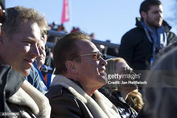 Arnold Schwarzenegger is seen during the downhill race on January 21, 2017 in Kitzbuehel, Austria.