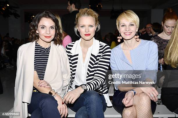 Nadine Warmuth, Franziska Knuppe and Susann Atwell attend the 'Key Looks - The Show!' presented by Fashion ID show during the Mercedes-Benz Fashion...