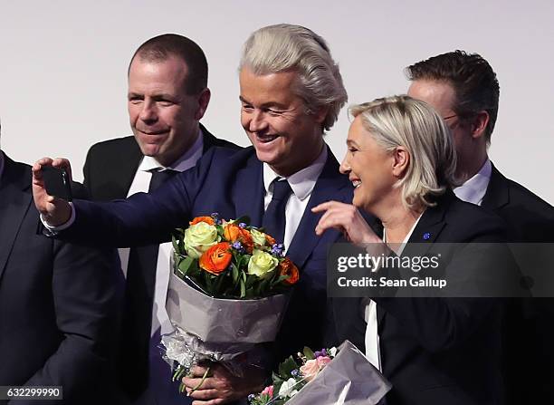 Harald Vilimsky, General Secretary of the Austria Freedom Party, Geert Wilders, leader of the Dutch PVV party, and Marine Le Pen, leader of the...