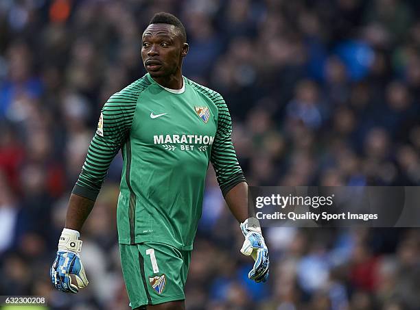 Carlos Kameni of Malaga looks on during the La Liga match between Real Madrid CF and Malaga CF at Estadio Santiago Bernabeu on January 21, 2017 in...