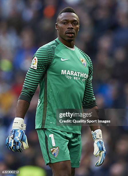 Carlos Kameni of Malaga looks on during the La Liga match between Real Madrid CF and Malaga CF at Estadio Santiago Bernabeu on January 21, 2017 in...