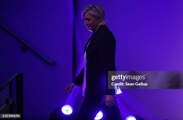 Marine Le Pen, leader of the French Front National, arrives at a conference of European right-wing parties on January 21, 2017 in Koblenz, Germany....