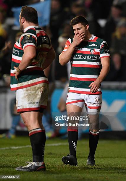 Tigers scrum half Ben Youngs reacts after the fourth Glasgow try during the European Rugby Champions Cup match between Leicester Tigers and Glasgow...