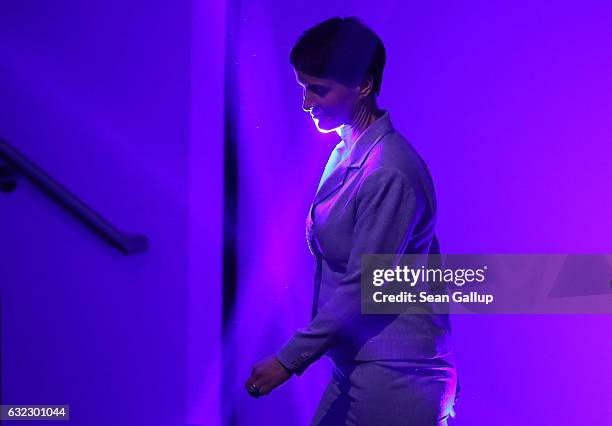 Frauke Petry, leader of the Alternative for Germany political party and who is pregnant with her fifth child, arrives at a conference of European...