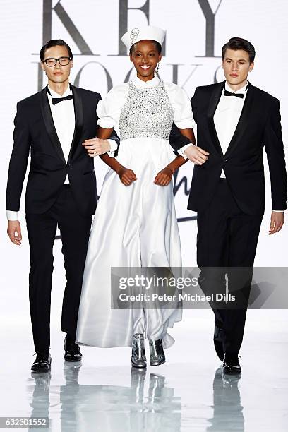 Model walks the runway at the 'Key Looks - The Show!' presented by Fashion ID show during the Mercedes-Benz Fashion Week Berlin A/W 2017 at Kaufhaus...