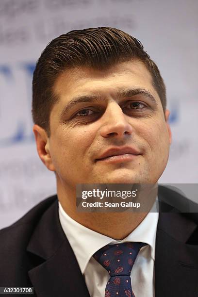 Constantin Rebega, Deputy Chairman of the Europe of Nations and Freedom political group in the European Parliament, attends a press conference during...