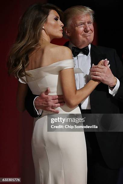 President Donald Trump and first lady Melania Trump dance to 'My Way' during the Liberty Ball at the Washington Convention Center January 20, 2017 in...