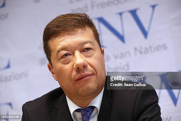 Tomio Okamura, leader of the Czech Freedom and Direct Democracy party, attends a press conference during a gathering of European right-wing parties...