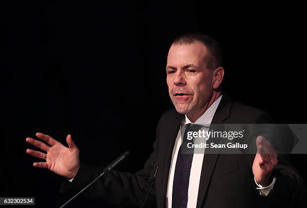 Harald Vilimsky, General Secretary of the Austria Freedom Party, speaks at a conference of European right-wing parties on January 21, 2017 in...