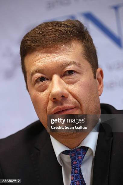 Tomio Okamura, leader of the Czech Freedom and Direct Democracy party, attends a press conference during a gathering of European right-wing parties...