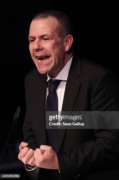 Harald Vilimsky, General Secretary of the Austria Freedom Party, speaks at a conference of European right-wing parties on January 21, 2017 in...