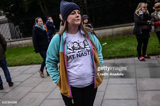 Woman attends a protest held in solidarity with the Washington DC Women's March in Dublin, Ireland on January 21, 2017.