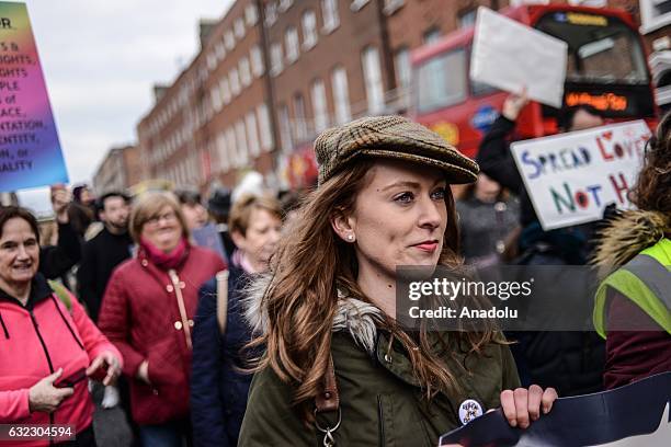 People attend a protest held in solidarity with the Washington DC Women's March in Dublin, Ireland on January 21, 2017.