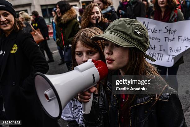 Girls shouts slogans during a protest held in solidarity with the Washington DC Women's March in Dublin, Ireland on January 21, 2017.