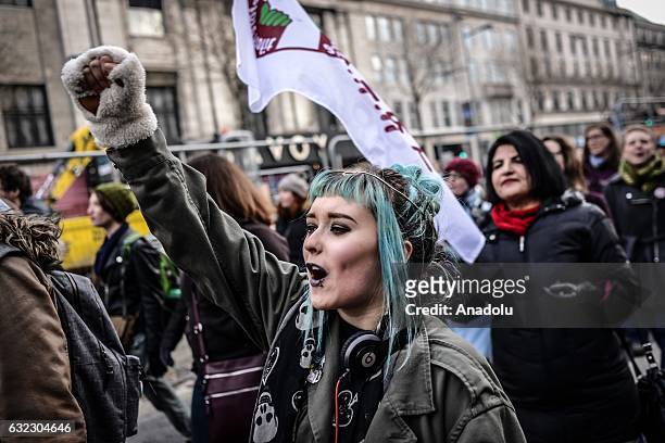 Women shouts slogans during a protest held in solidarity with the Washington DC Women's March in Dublin, Ireland on January 21, 2017.