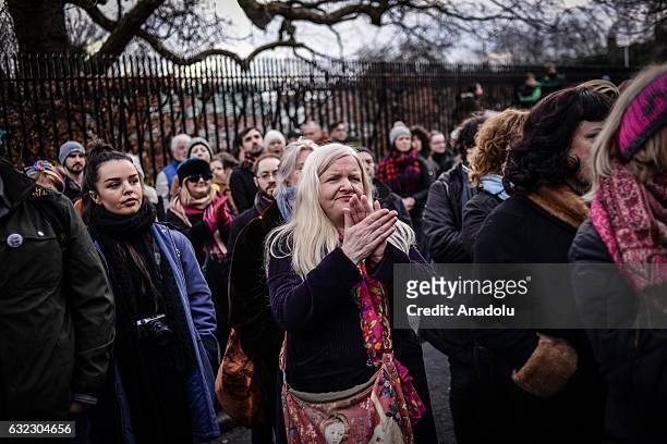 People attend a protest held in solidarity with the Washington DC Women's March in Dublin, Ireland on January 21, 2017.