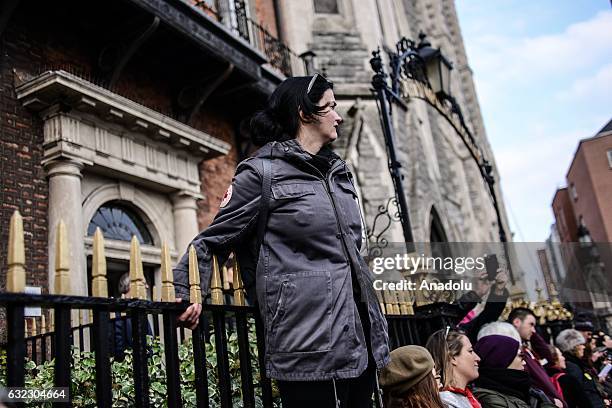 Women attends a protest held in solidarity with the Washington DC Women's March in Dublin, Ireland on January 21, 2017.