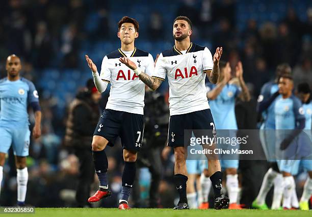 Heung-Min Son of Tottenham Hotspur and Kyle Walker of Tottenham Hotspur celebrate after the Premier League match between Manchester City and...