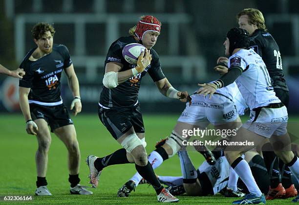 Mouritz Botha of Newcastle Falcons breaks free in the final few moments of the game during the European Rugby Challenge Cup pool 2 match between...