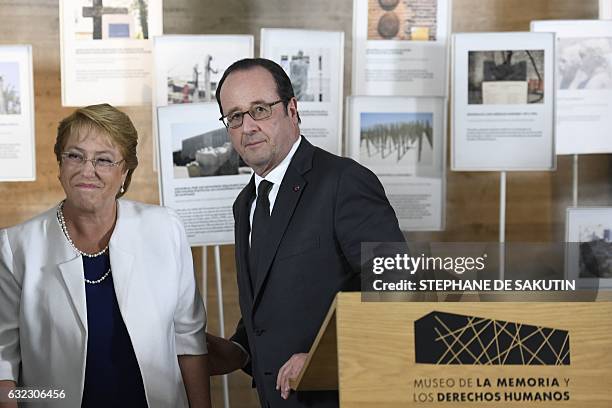 French President Francois Hollande and his Chilean counterpart Michelle Bachelet visit the Museum of Memory and Human Rights in Santiago on January...