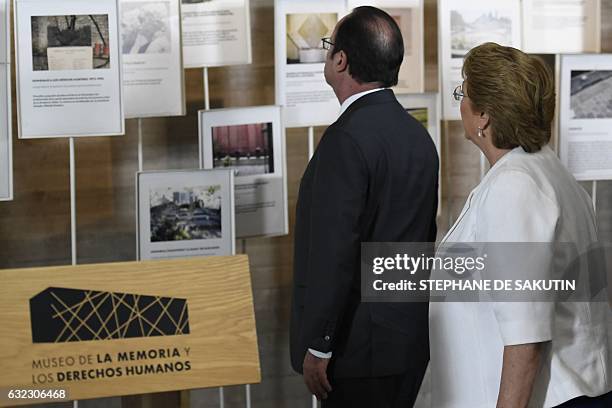 French President Francois Hollande and his Chilean counterpart Michelle Bachelet visit the Museum of Memory and Human Rights in Santiago on January...