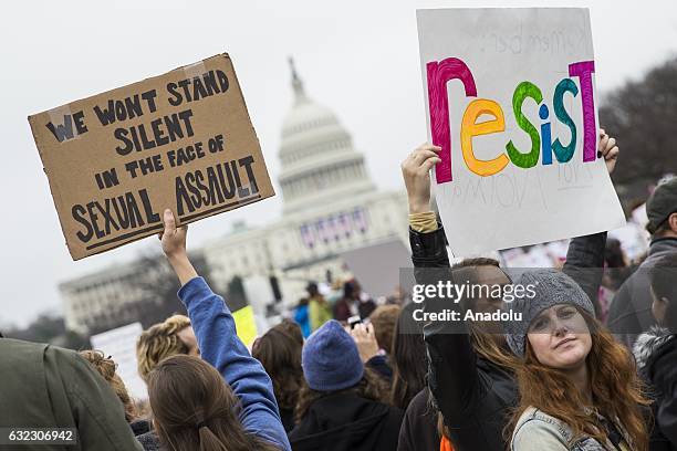Protesters attend the Women's March to protest President Donald Trump in Washington, USA on January 21, 2017.