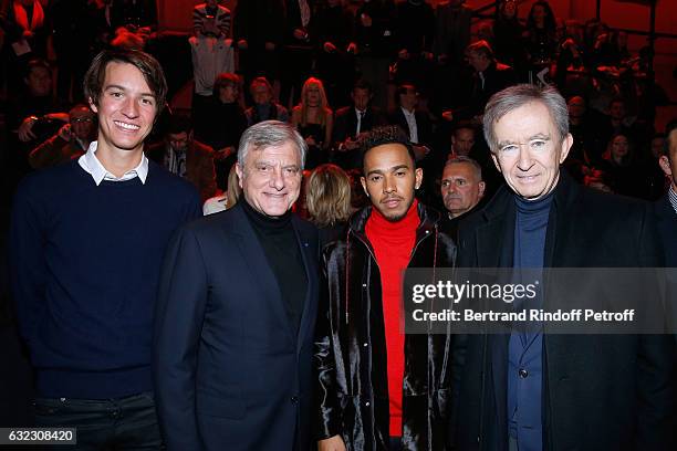 Alexandre Arnault, CEO Dior, Sidney Toledano, Formula One driver, Lewis Hamilton and Owner of LVMH Luxury Group Bernard Arnault the Dior Homme...
