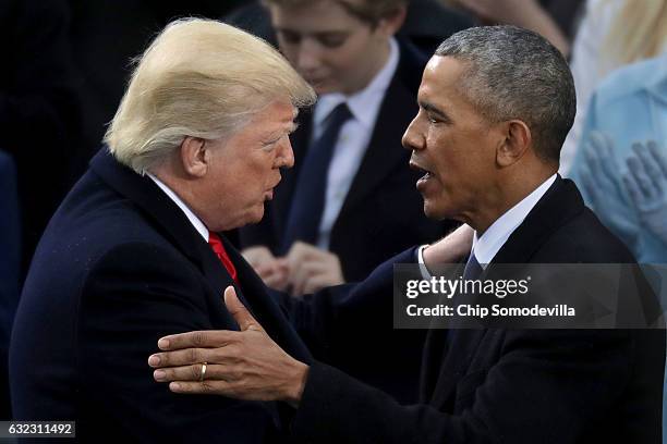 Former U.S. President Barack Obama congratulates U.S. President Donald Trump after he took the oath of office on the West Front of the U.S. Capitol...