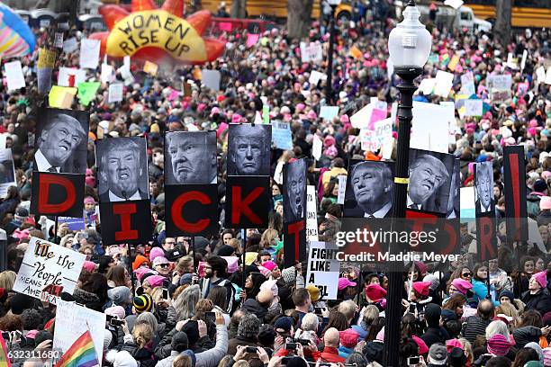 Demonstrators hold signs on Boston Common during the Boston Women's March for America on January 21, 2017 in Boston, Massachusetts. Thousands of...