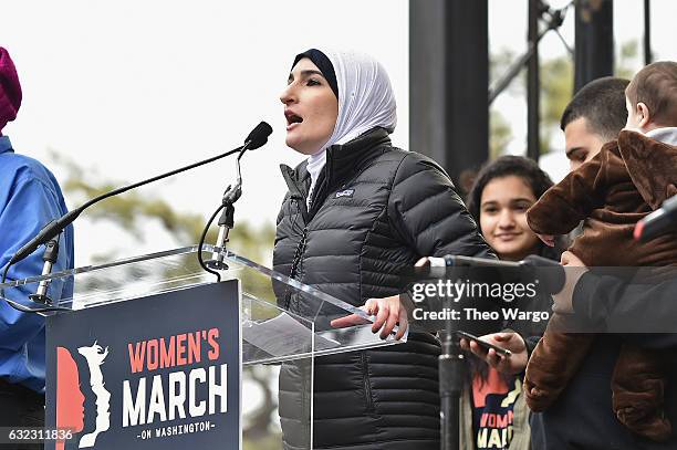 Linda Sarsour speaks onstage during the Women's March on Washington on January 21, 2017 in Washington, DC.