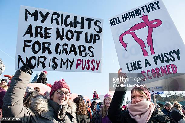 Demonstrators during the Women's March in Amsterdam on 21January 2017 in supporting the Washington's Women March with thousands of people...