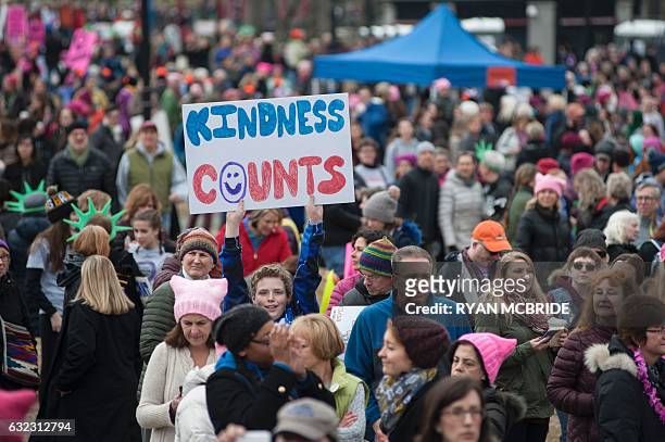 Protesters march across Boston Commons during the Boston Women's March for America on January 21, 2017. Led by women in pink "pussyhats," hundreds of...