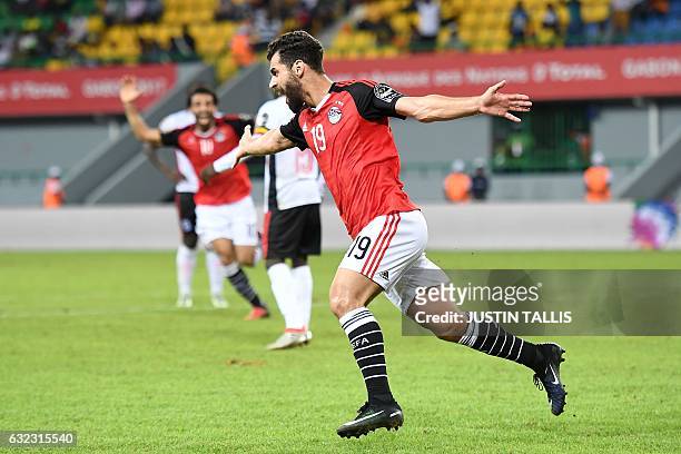 Egypt's forward Abdallah Said celebrates after scoring a goal during the 2017 Africa Cup of Nations group D football match between Egypt and Uganda...